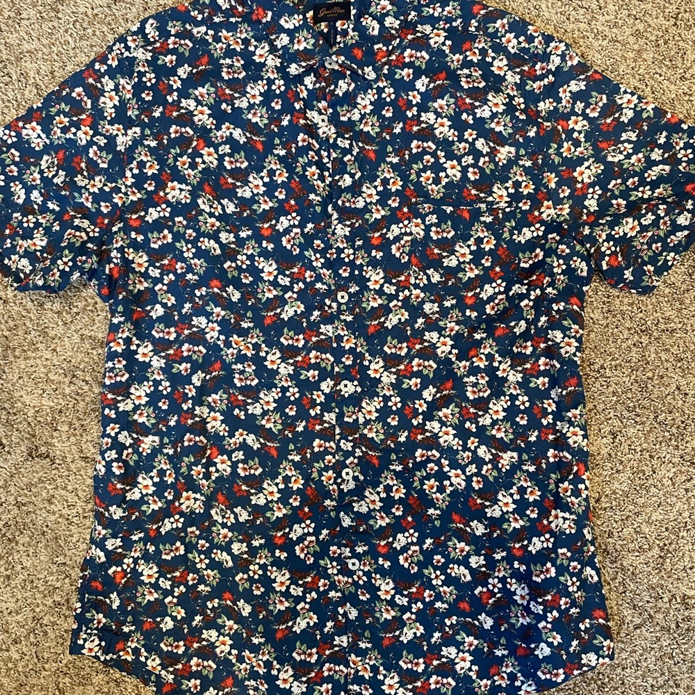 Good Man Brand - Mens Short Sleeve Button Up - blue Floral - Large